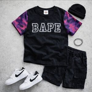 BAPE Kids Baby Milo Y2K Tee Size 130 (5/6) Purple Camo Sleeves Varsity Logo